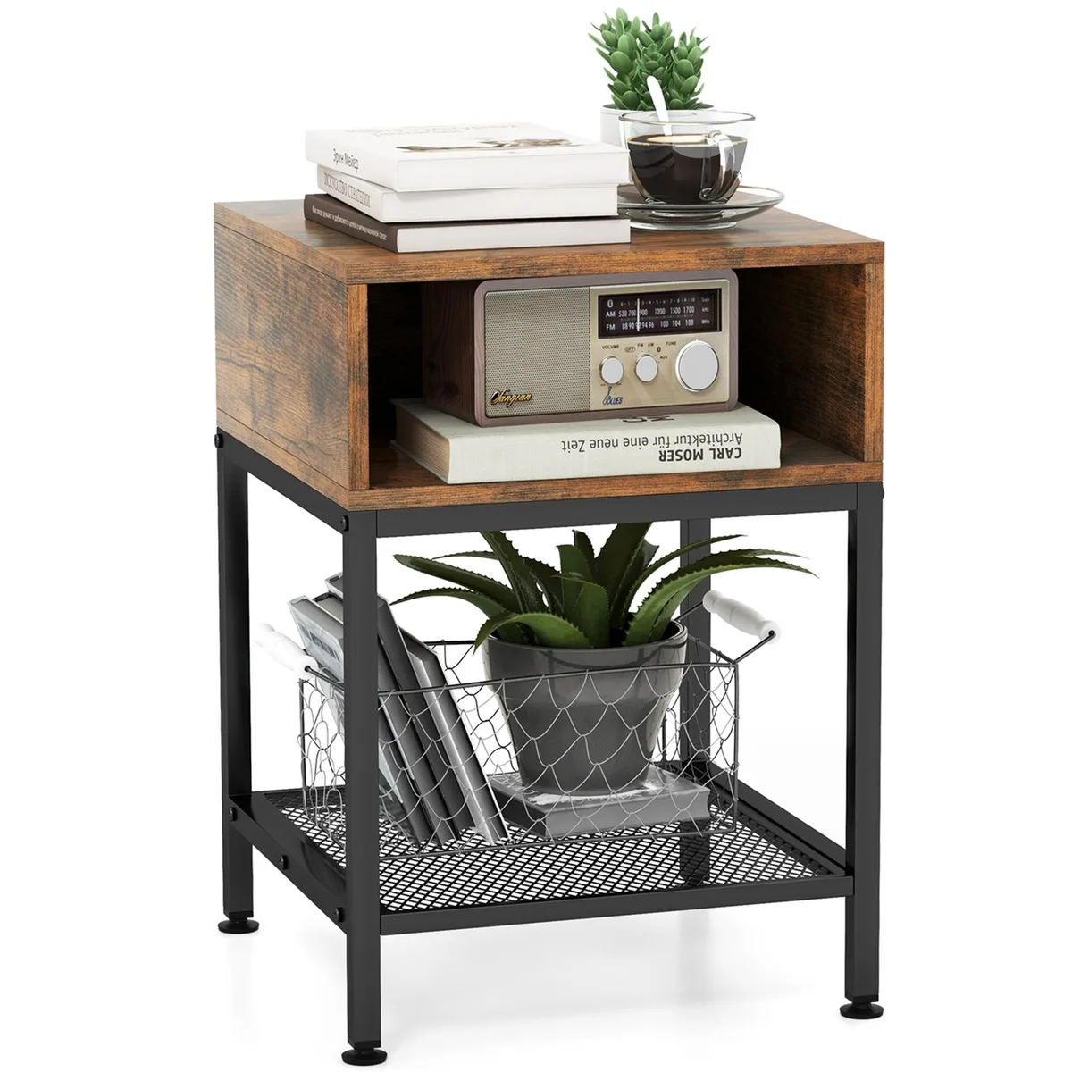 Brown square end table with wood top black metal frame three tiers storage cube mesh shelf 16 inches