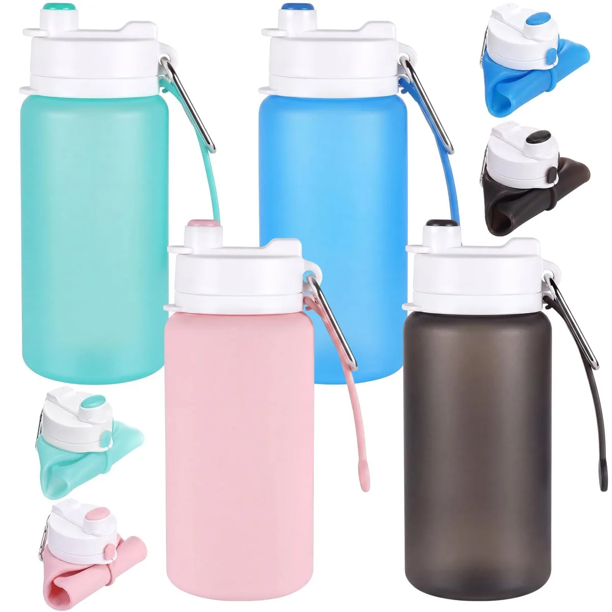 Four translucent silicone water bottles in charcoal gray, sky blue, pink and green with carabiners