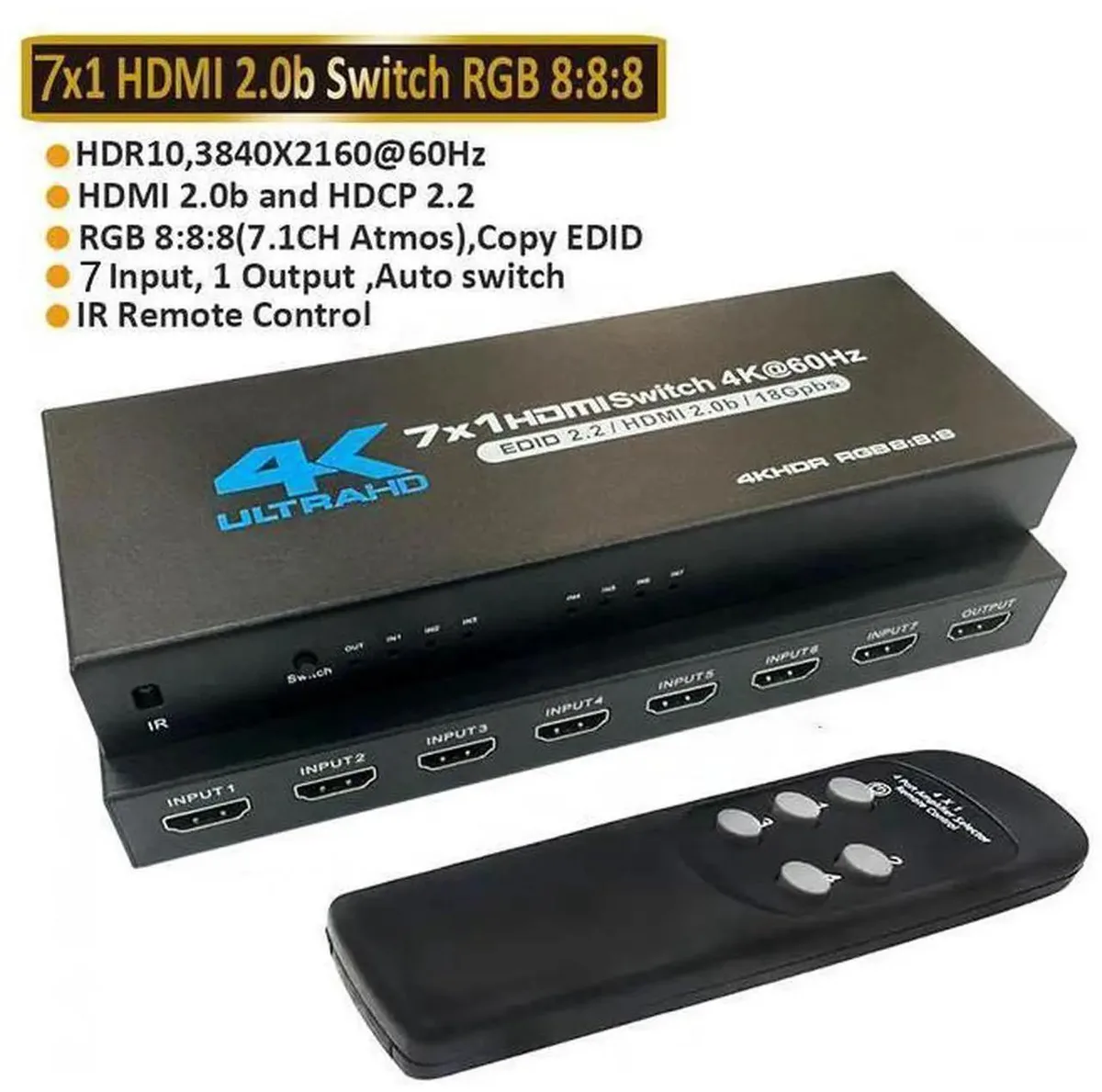 SMUGDESK SMUGDESK 7 Port HDMI 2.0 Switch 7 in 1 Out with IR Remote Control — product photo