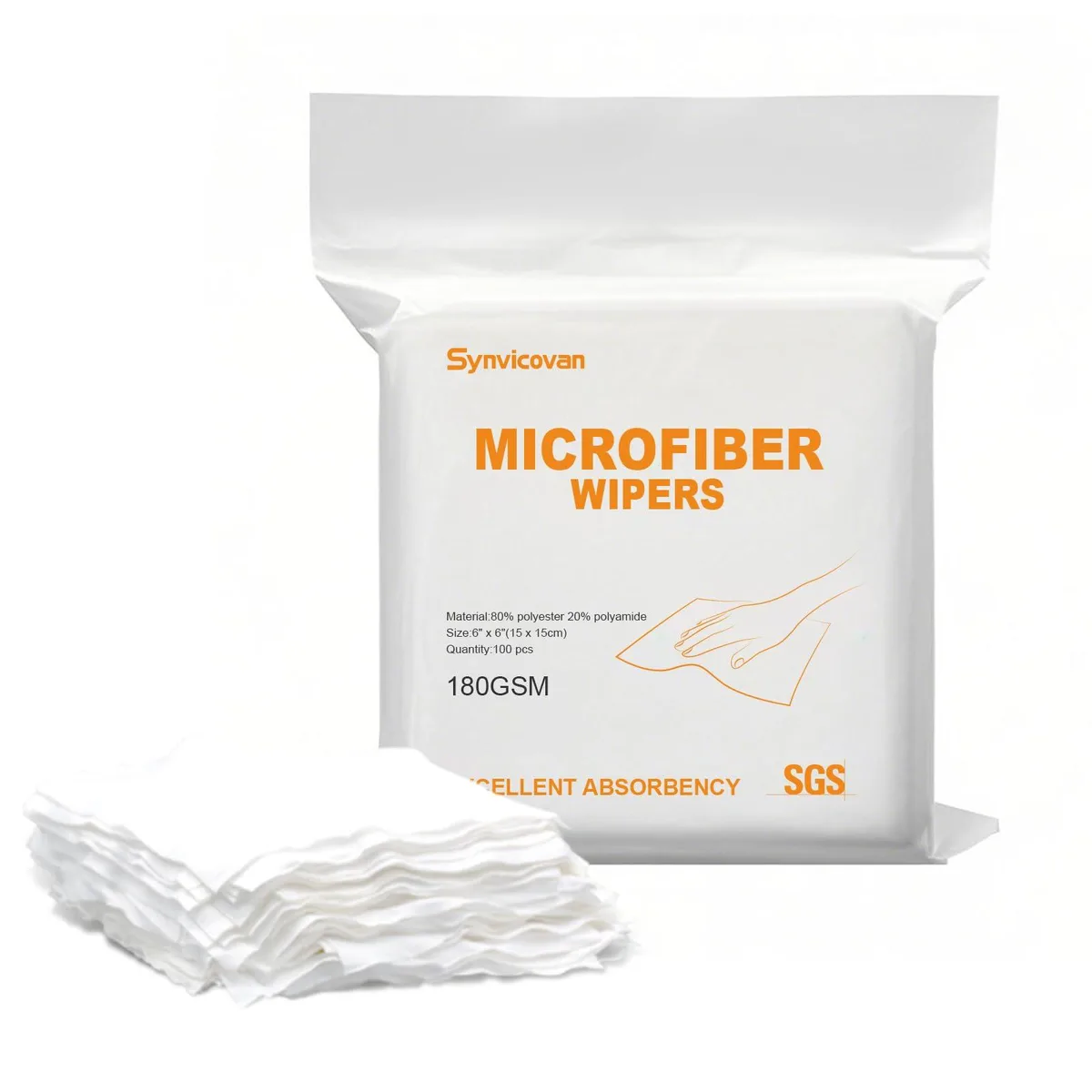 Stack of square white microfiber cloths in clear bag