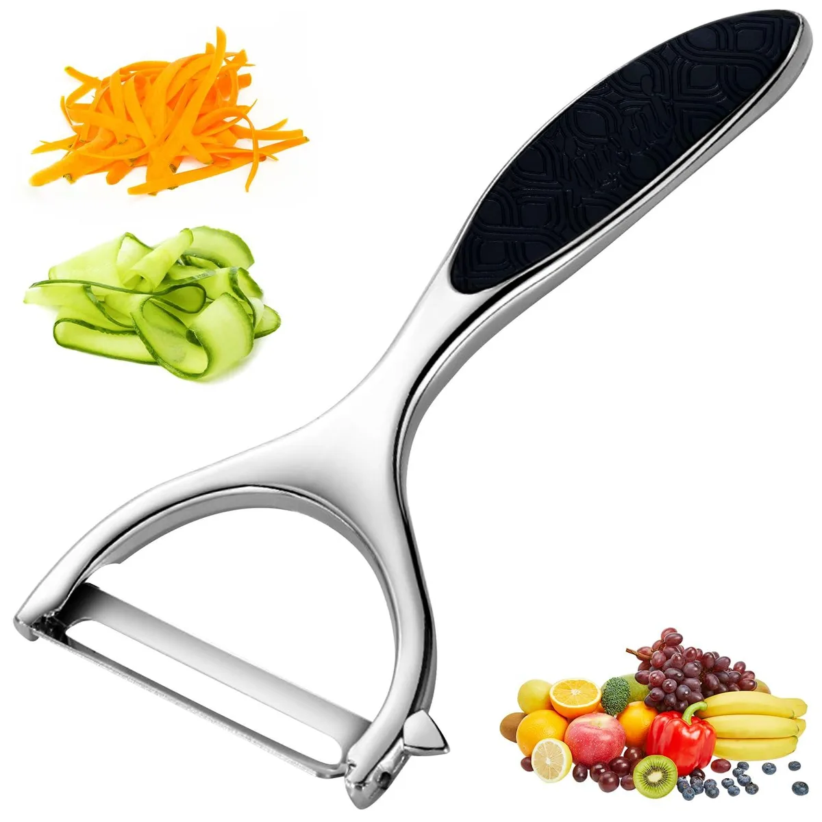 Black Y-shaped vegetable peeler with rubber handle, stainless steel blade, lightweight ergonomic design