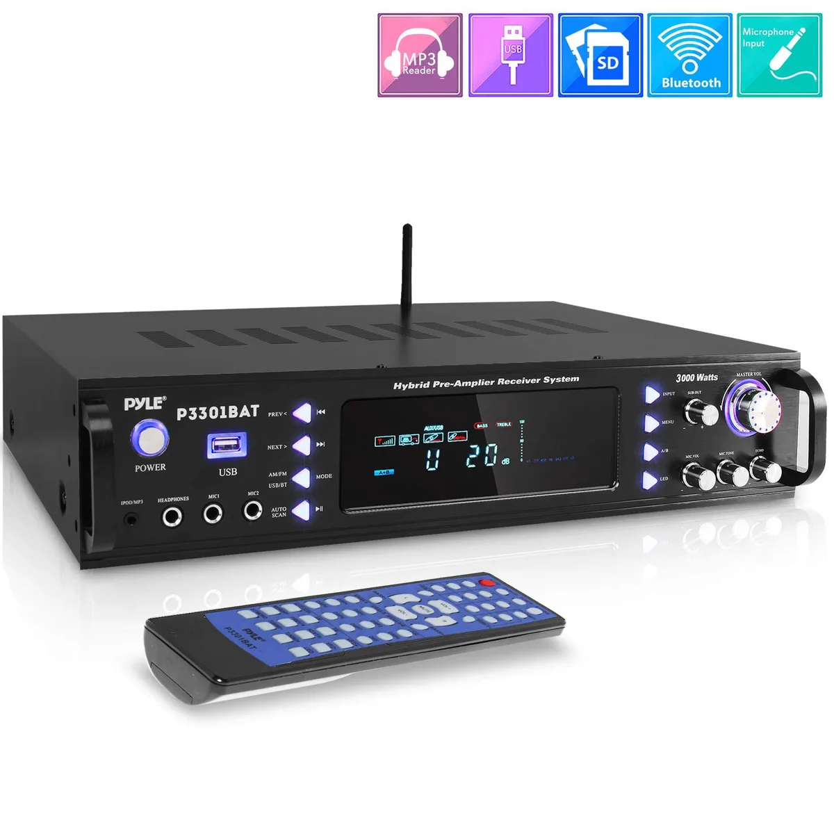 Black rack-mount amplifier with front LCD display and rotary controls