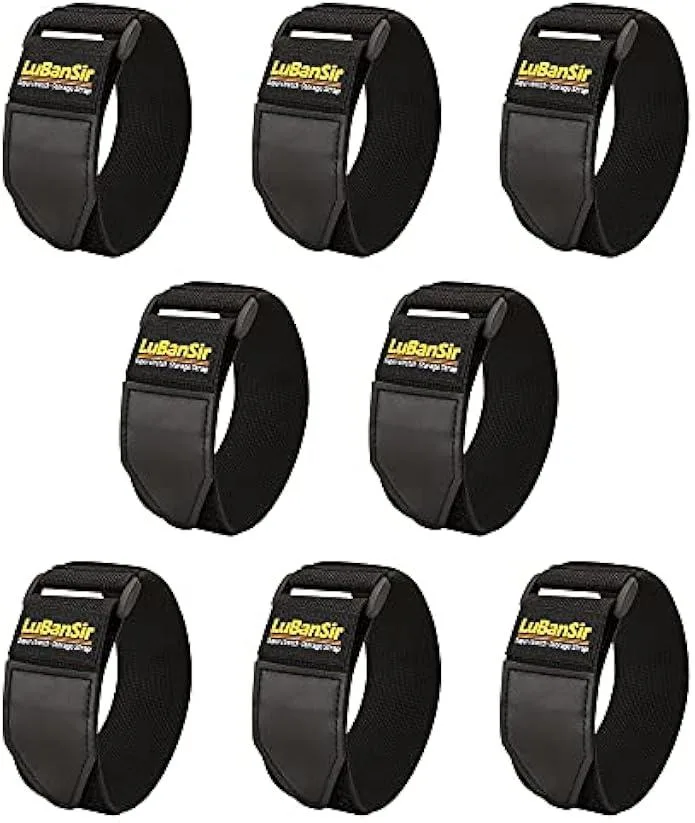 Eight black elastic cinch straps with hook-and-loop fasteners and triangular buckle tongues
