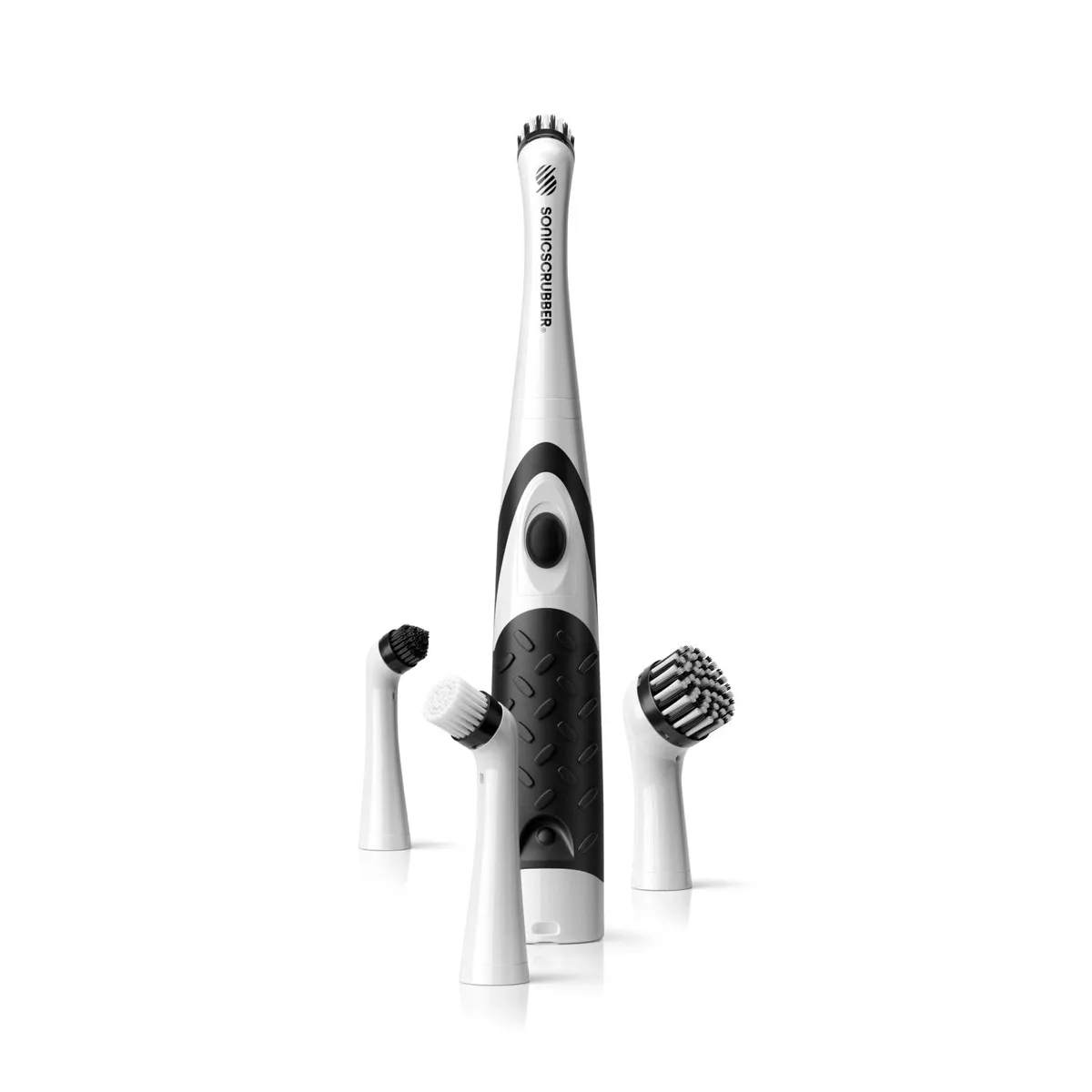 White plastic oscillating cleaning tool with four interchangeable brush heads