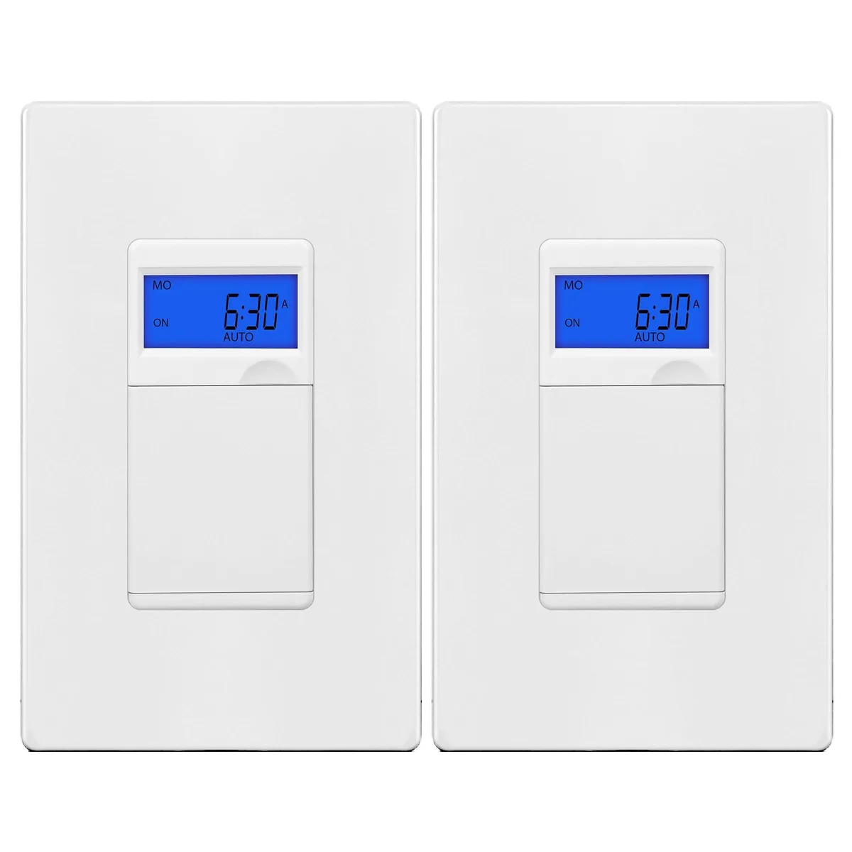 Two white rectangular in-wall digital timer switches with blue backlit screens and push buttons, shown with screwless wall plates
