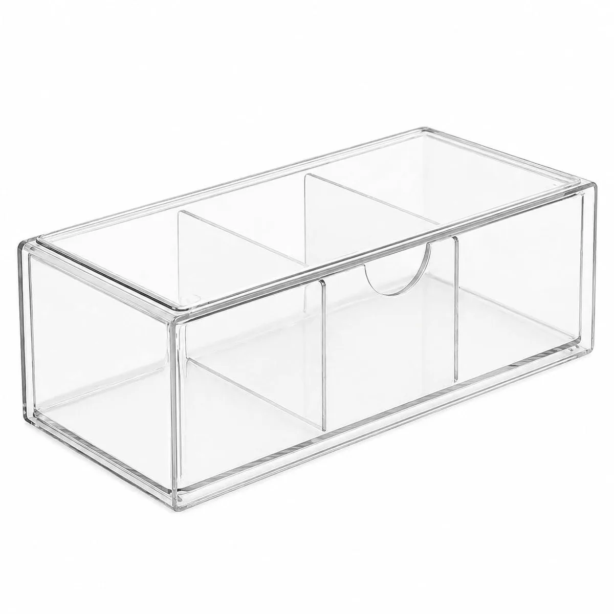 Clear two-tier vanity organiser with adjustable dividers, black finish, tabletop mount