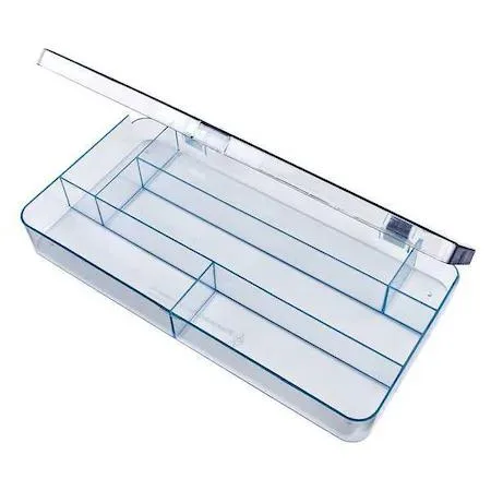 Clear plastic storage box with six compartments and snap closure