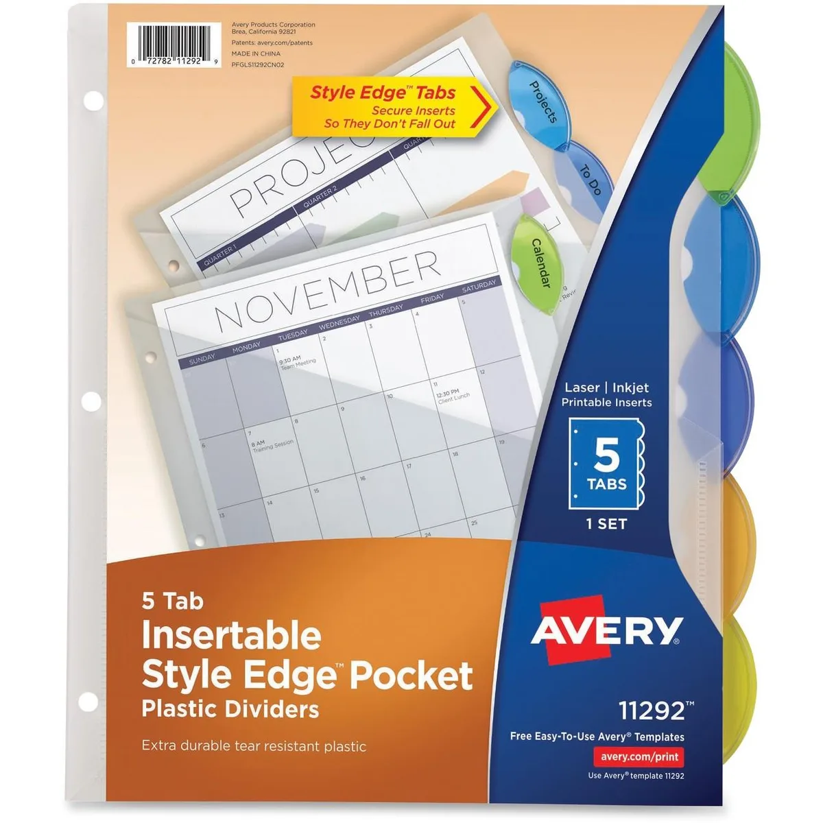 A set of five translucent plastic pocket dividers with oval tabs and three-hole punched edges
