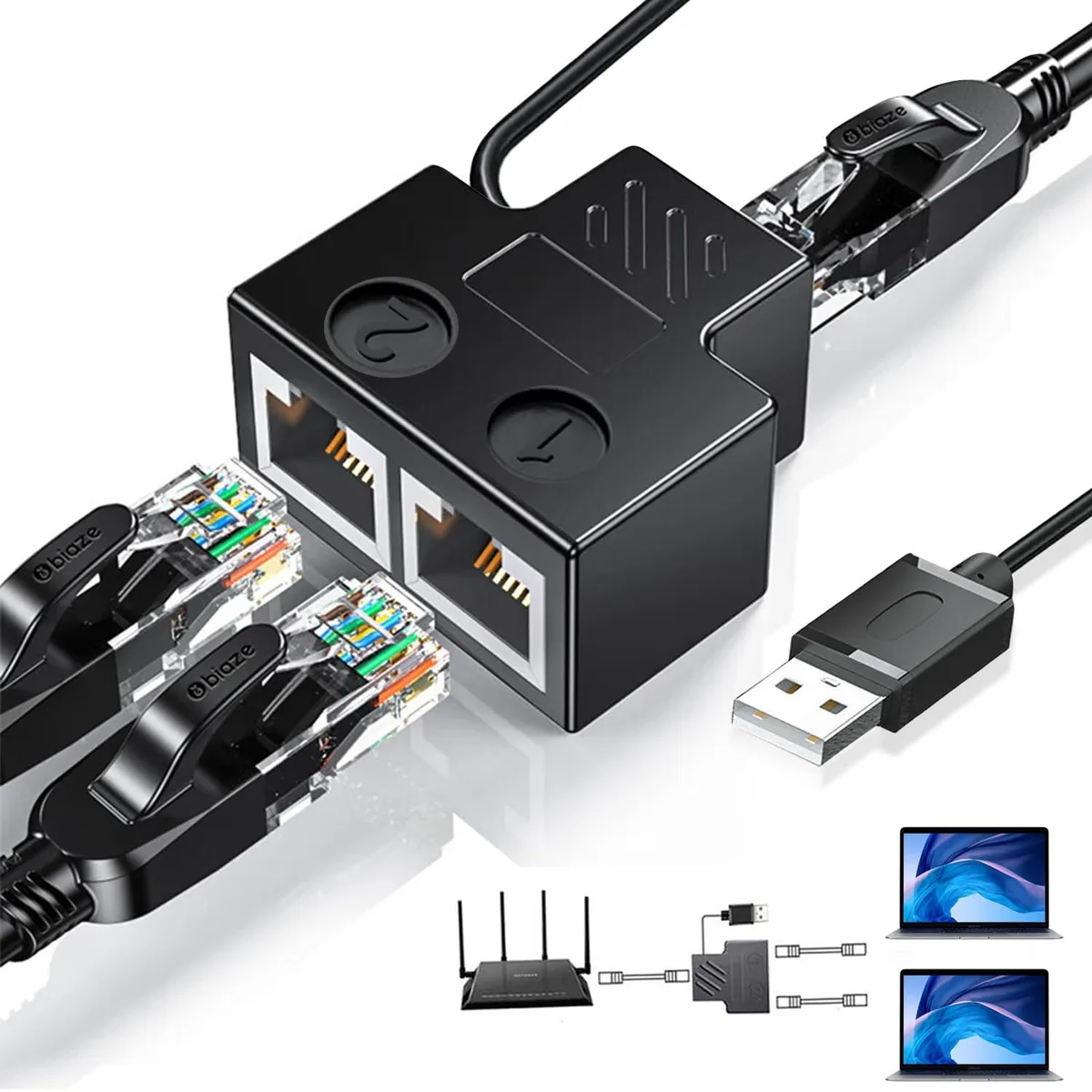 Black plastic RJ45 splitter with two ports and USB power cable