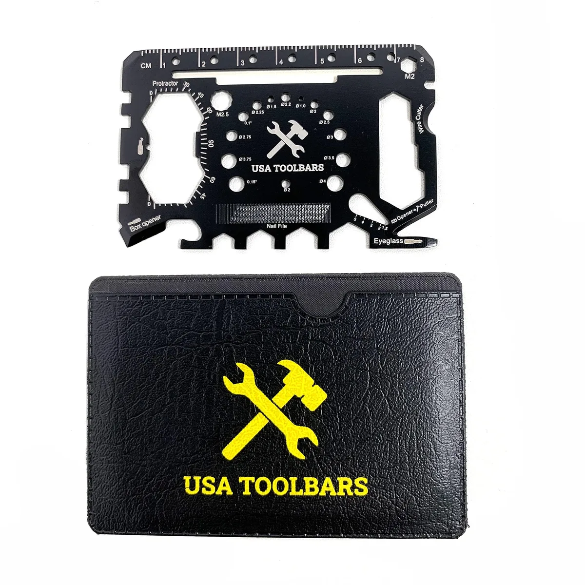 Black stainless steel credit-card multitool, 1.5 mm thin, 46 functions