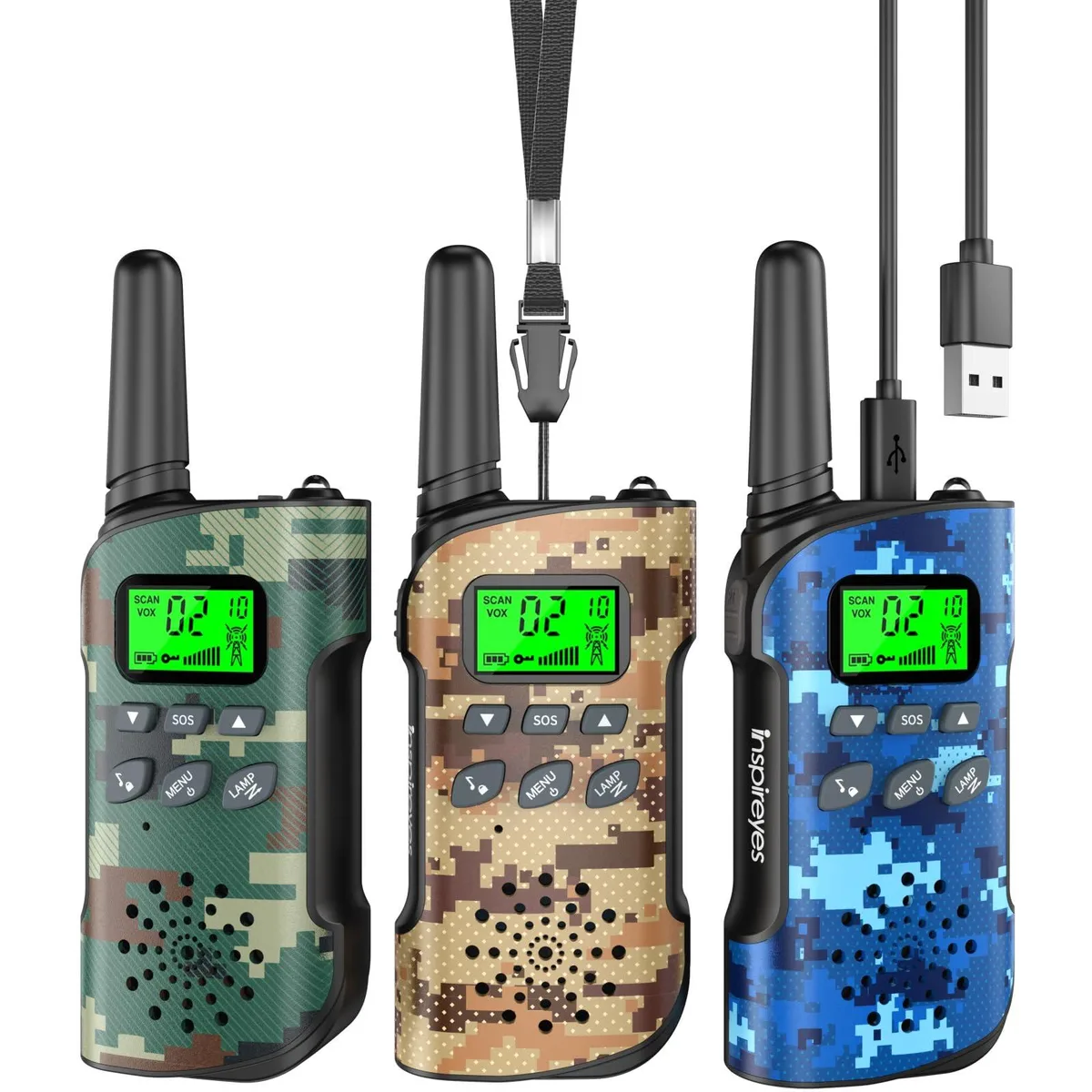  Inspireyes GL-528 Rechargeable Walkie Talkies 3 Pack Camouflage 22 Channels 48 Hours — product photo