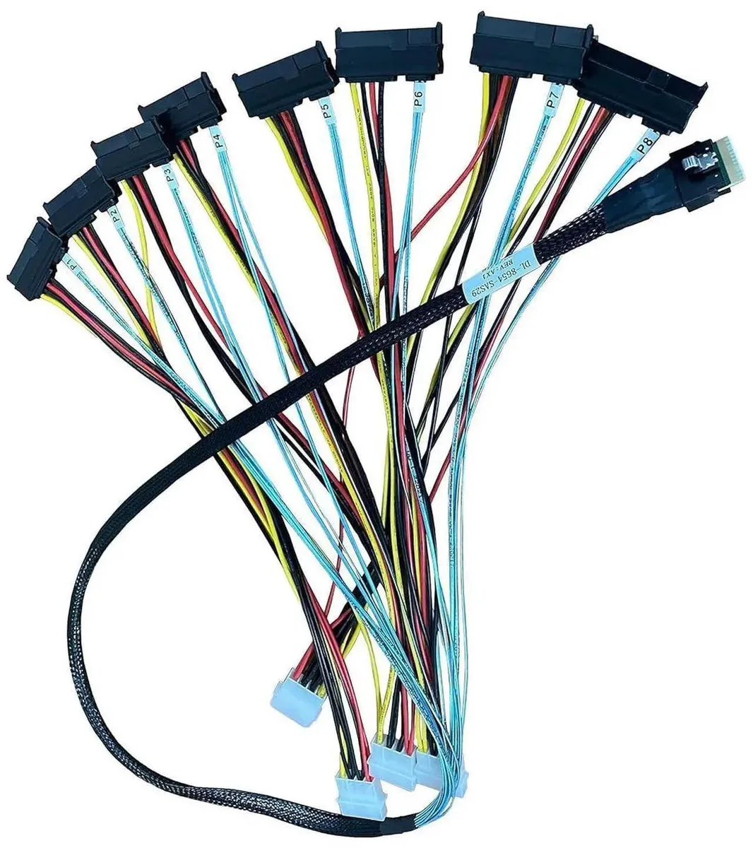 SMUGDESK SMUGDESK SlimSAS 8X to 8×SAS Breakout Cable SFF8654 74Pin to 8×SFF8482 29Pin with 4×Big4Pin Power 100CM — product photo