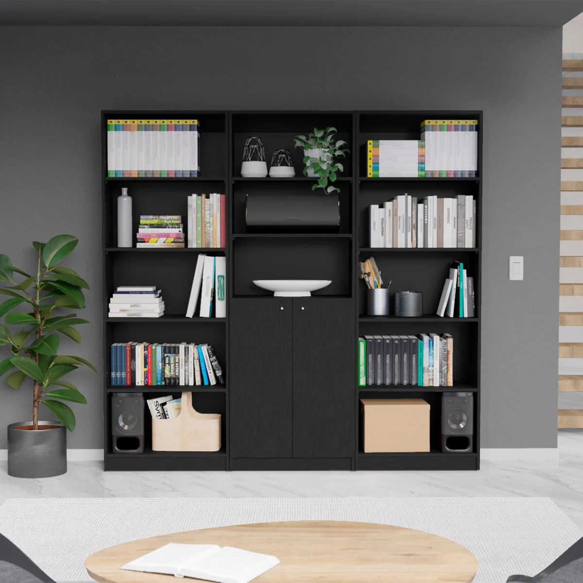 FM FURNITURE FM FURNITURE Bayard 3 Piece Living Room Set with 3 Bookcases, Black — product photo