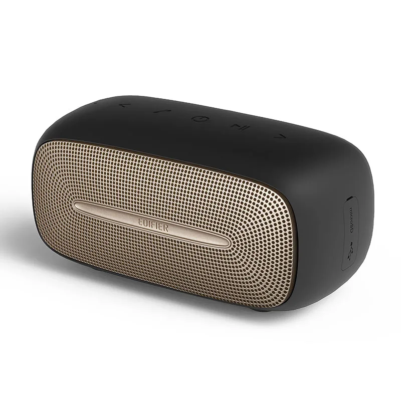 Compact black rectangular Bluetooth speaker with rounded edges, matte plastic finish, front grille and top control buttons