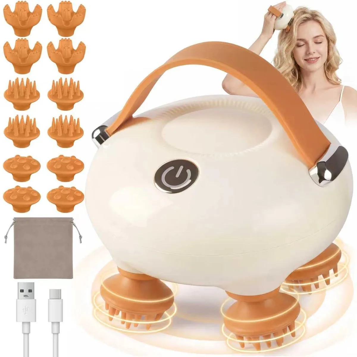 Beige electric scalp massager with detachable silicone nodes, compact round shape, IP67 waterproof
