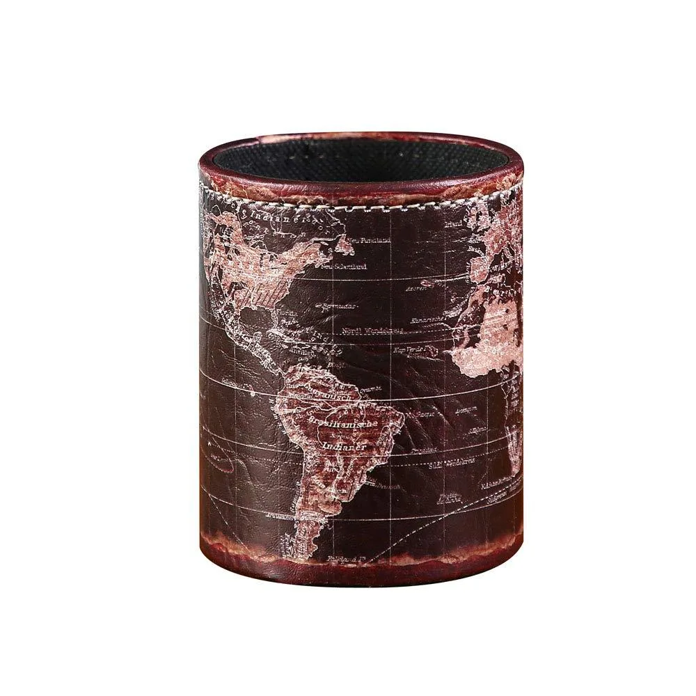 Blue PU leather pen holder with world map pattern, 10 cm tall