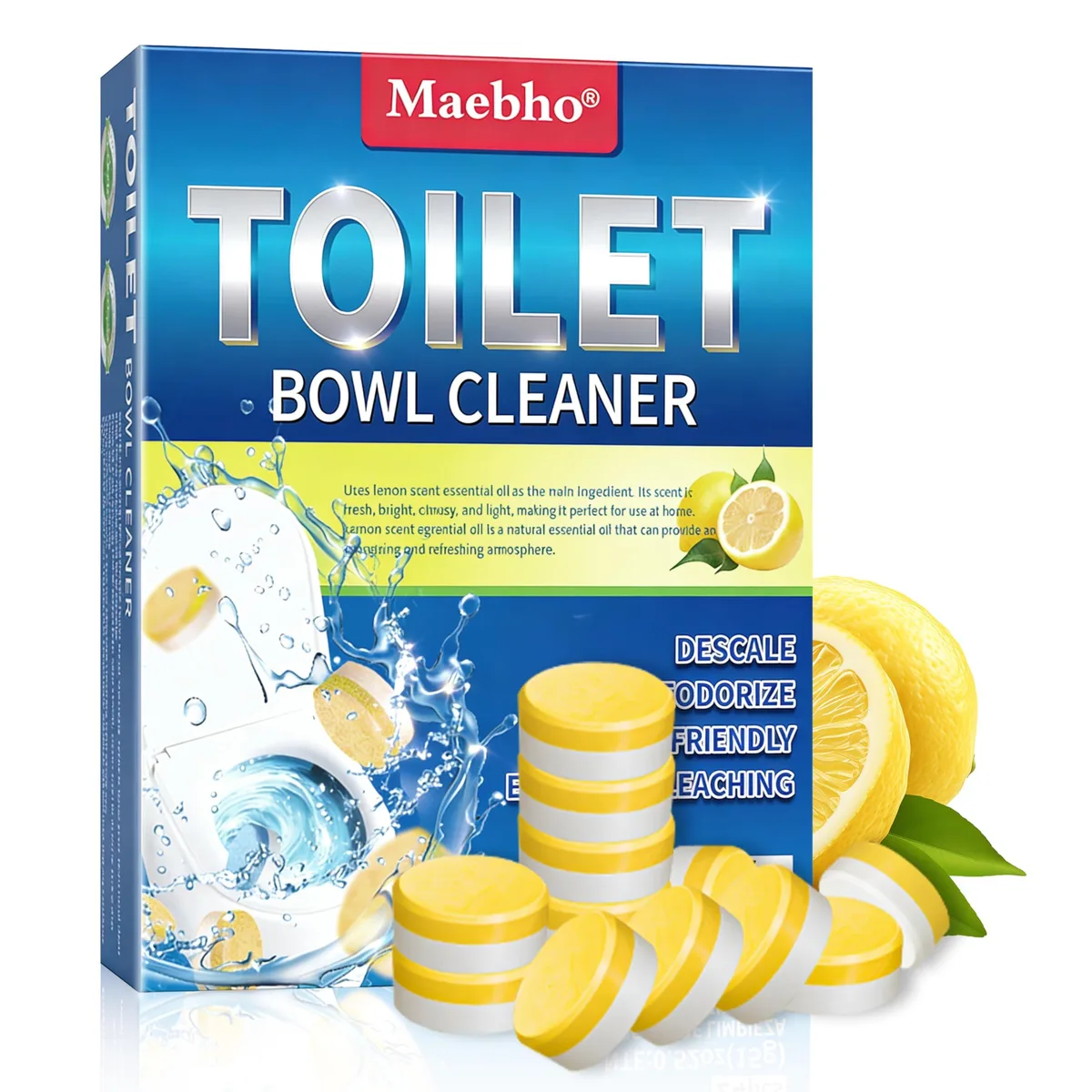 White jar containing 24 lemon-scented toilet cleaner tablets