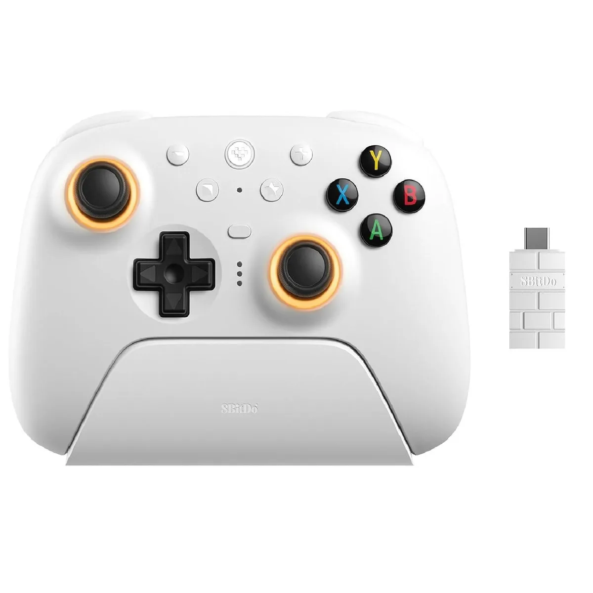 8bitdo 8bitdo 81HE01 nintendo switch accessory controller with hall effect triggers tmr joysticks charging dock white — product photo