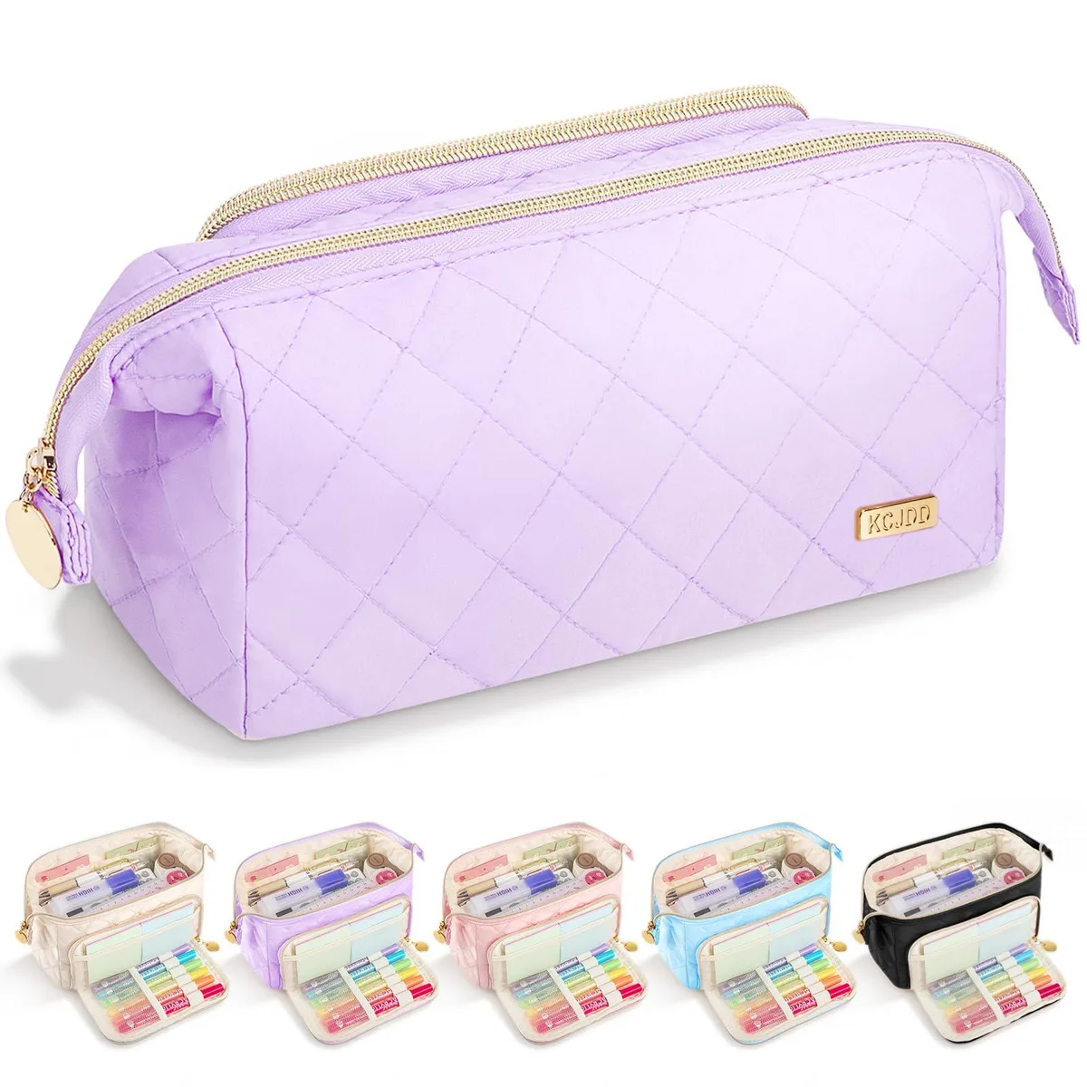 Purple quilted pencil pouch with wide opening and flat base