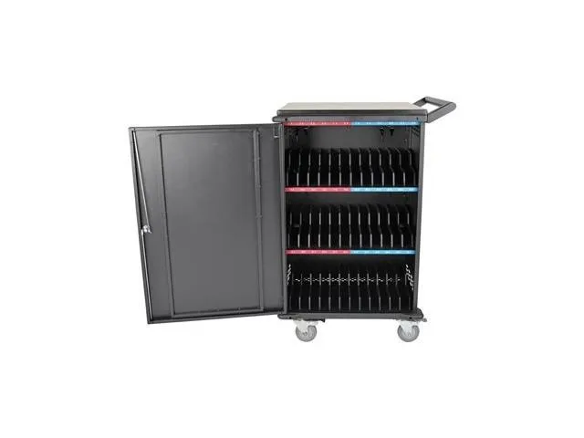 Black steel mobile charging cart with 36 vertical slots and locking doors