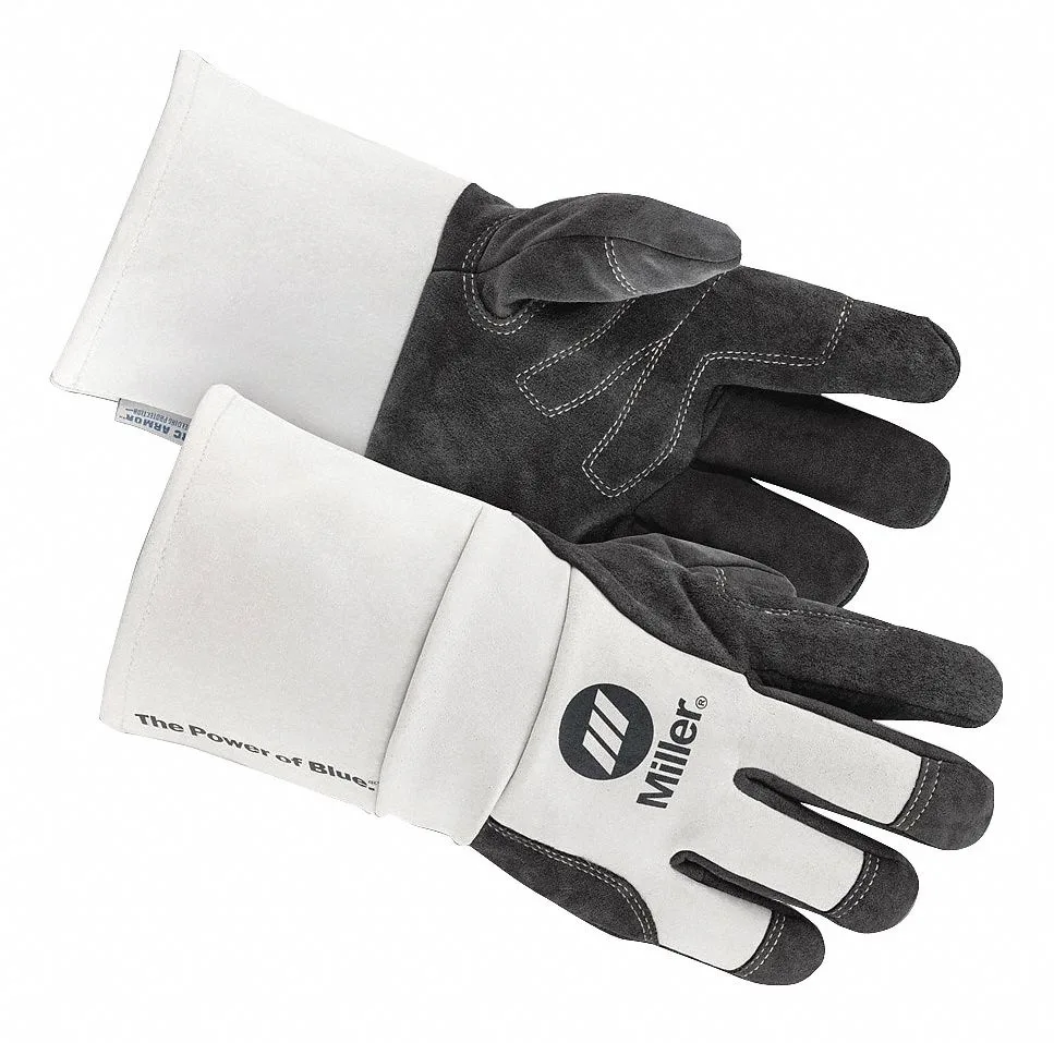 Black and white cowhide MIG welding gloves with gauntlet cuffs and keystone thumbs