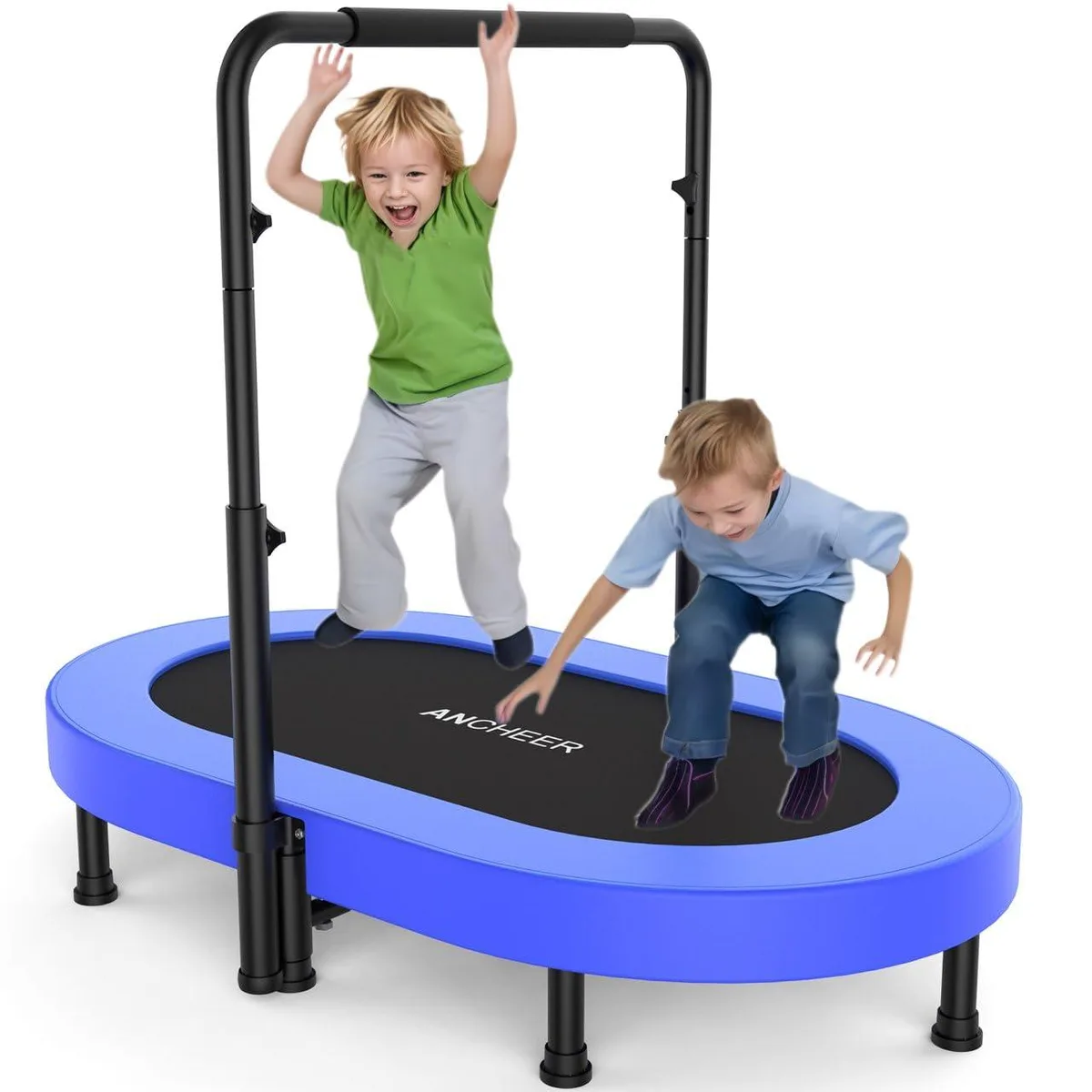 Circular blue trampoline with padded frame, adjustable handlebar, folded legs visible