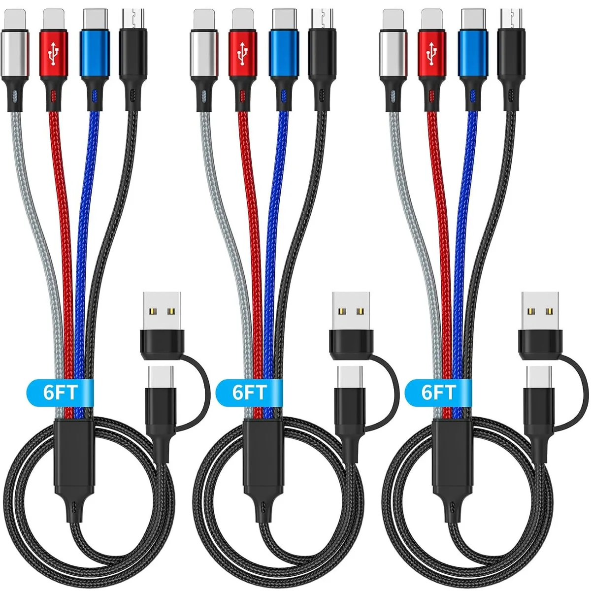 Miimall Miimall 6-in-1 Multi Charging Cable 3-Pack 6ft USB A/C to 2×Lightning/Type-C/Micro USB — product photo