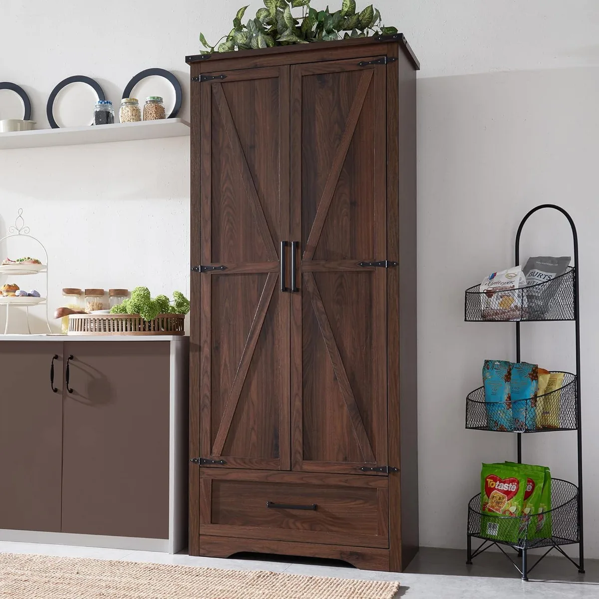 Tall brown wood cabinet with two barn doors and a drawer, 72 inches high
