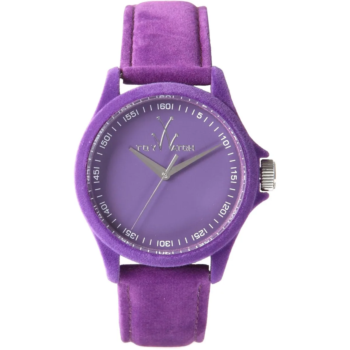 Toy Watch with purple dial, stainless steel case, leather strap