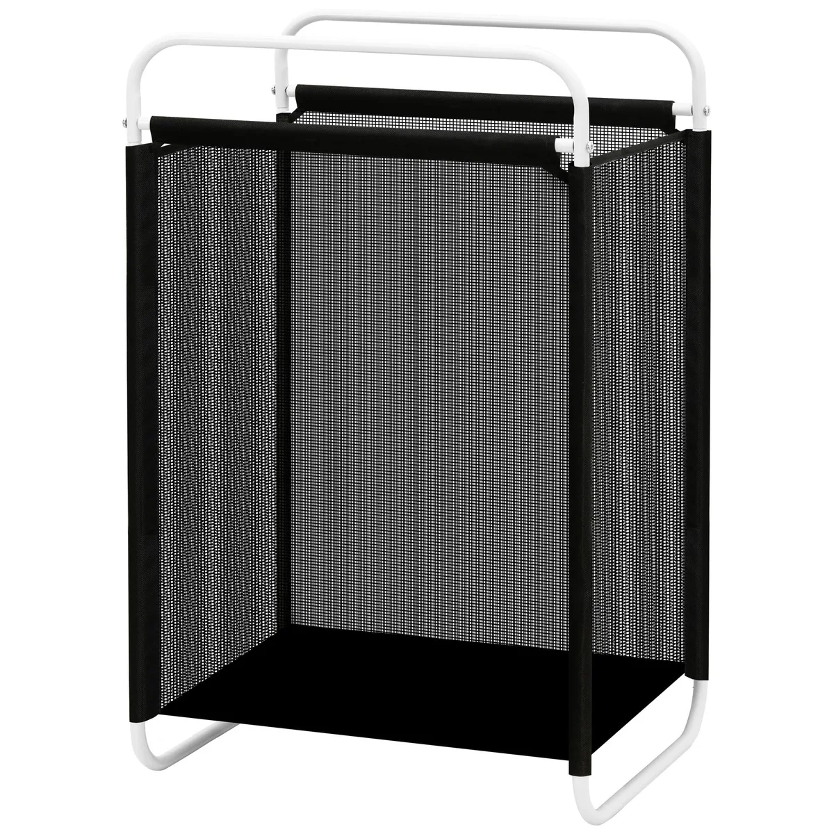 Black vinyl mesh laundry hamper on metal frame, 75L capacity, wide open top