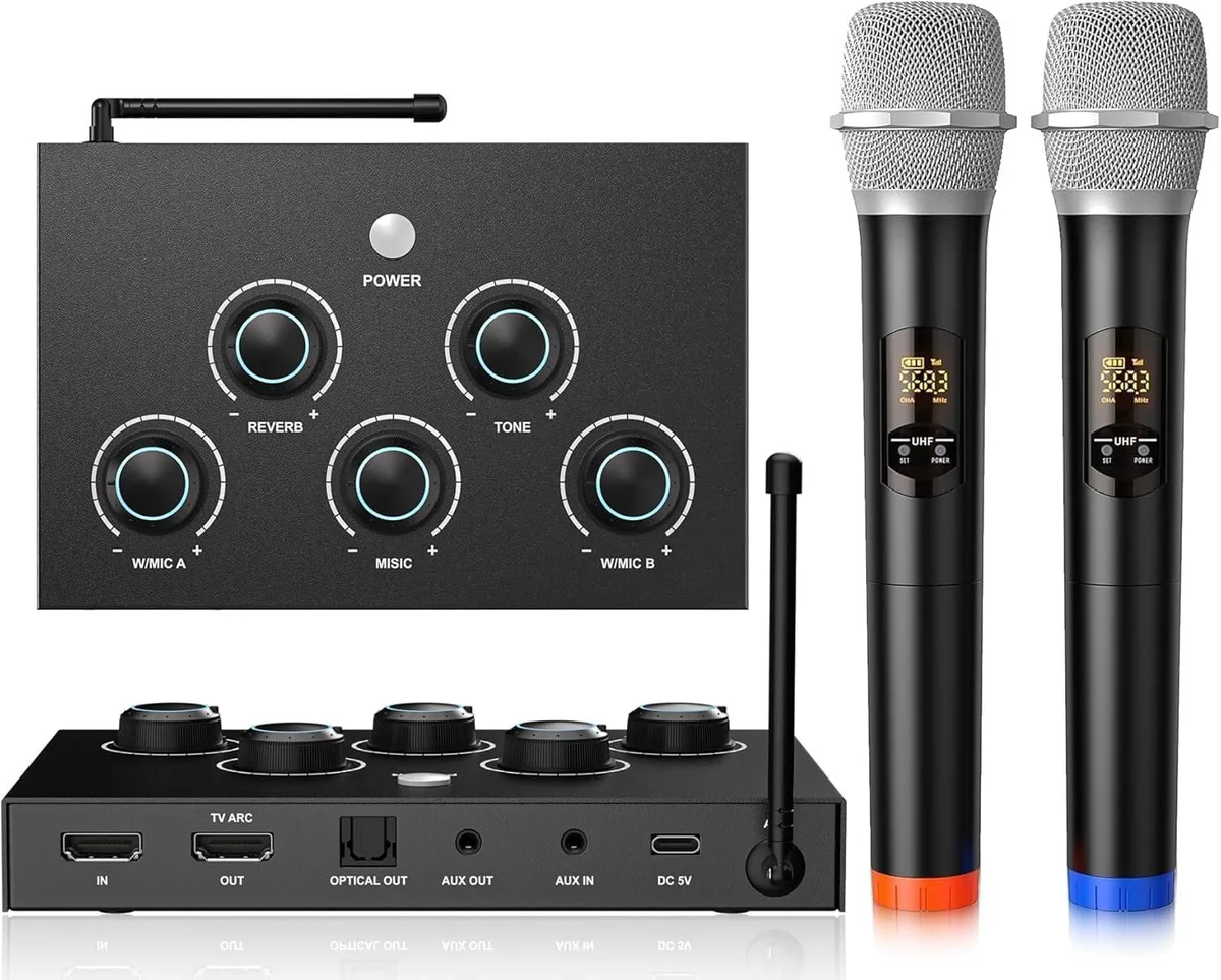 Black karaoke mixer with two wireless handheld microphones