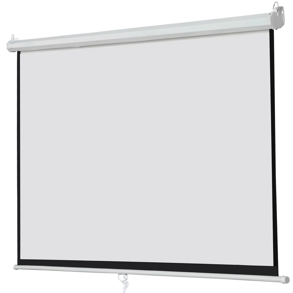 White matte fabric screen in long metal casing, 100 inch diagonal, 16:9 aspect ratio