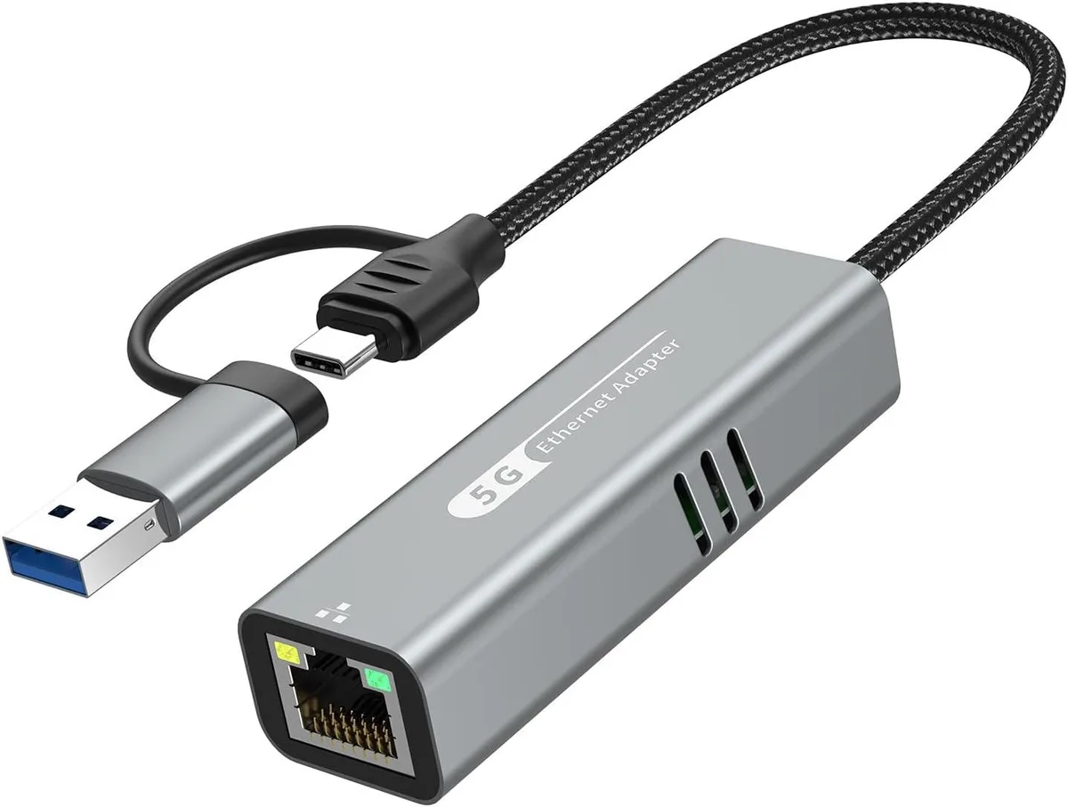 FLEANE FLEANE 5G USB 3.2 Ethernet Adapter RTL8157 2-in-1 USB-A Type-C RJ45 network connector — product photo