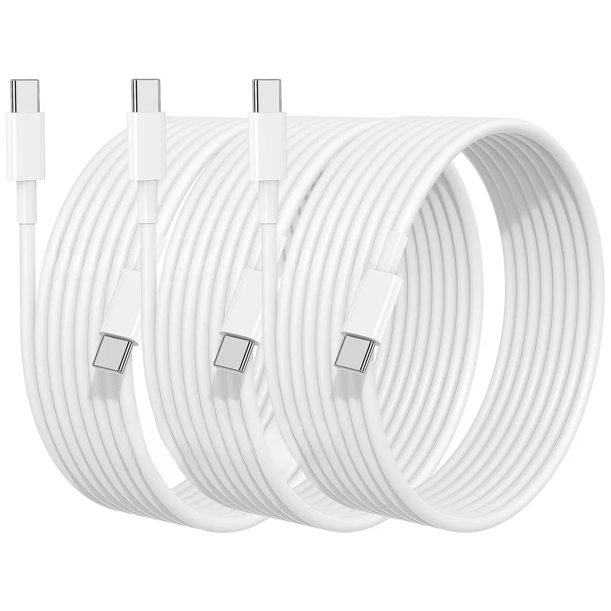 Three white USB-C to USB-C cables coiled together, each six feet long