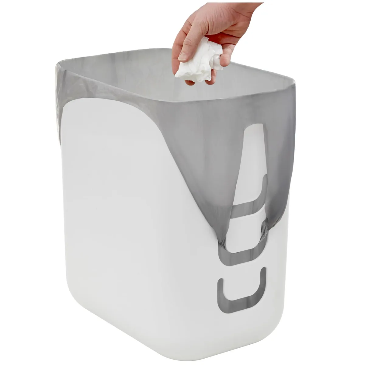 Twelve white polypropylene 2.5 gallon wastebaskets with side hooks, open top, rectangular shape