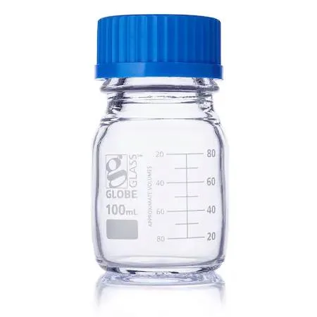 Clear glass laboratory bottle with blue screw cap and white graduation markings