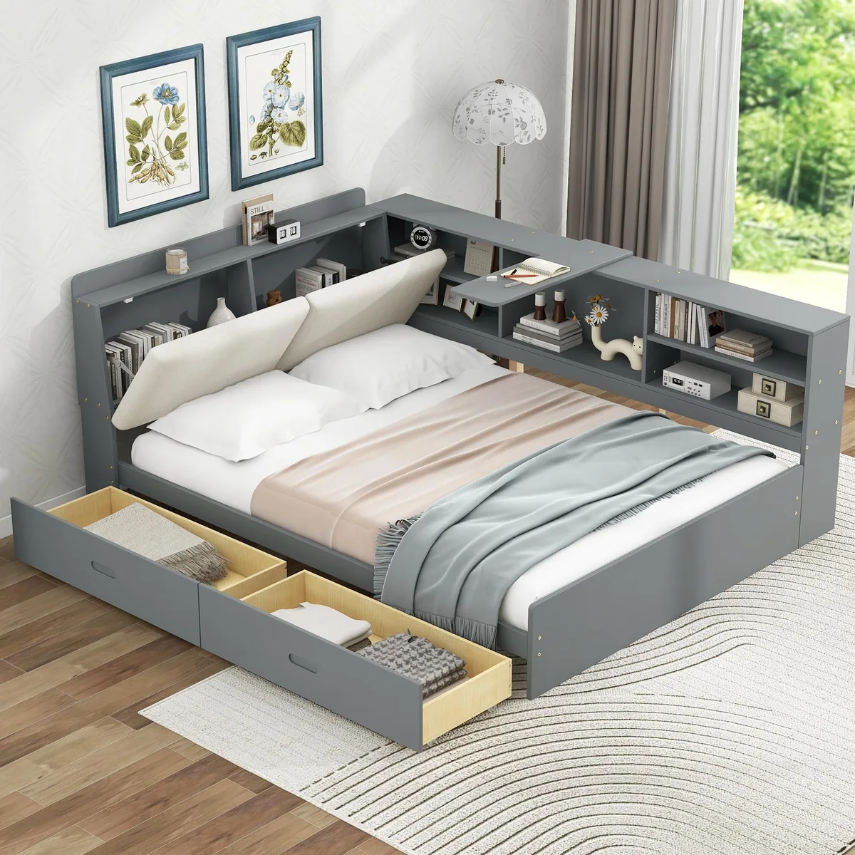 tuphen tuphen Wood Full Size Platform Bed with Storage Headboard, Shelves, 2 Drawers, Gray — product photo
