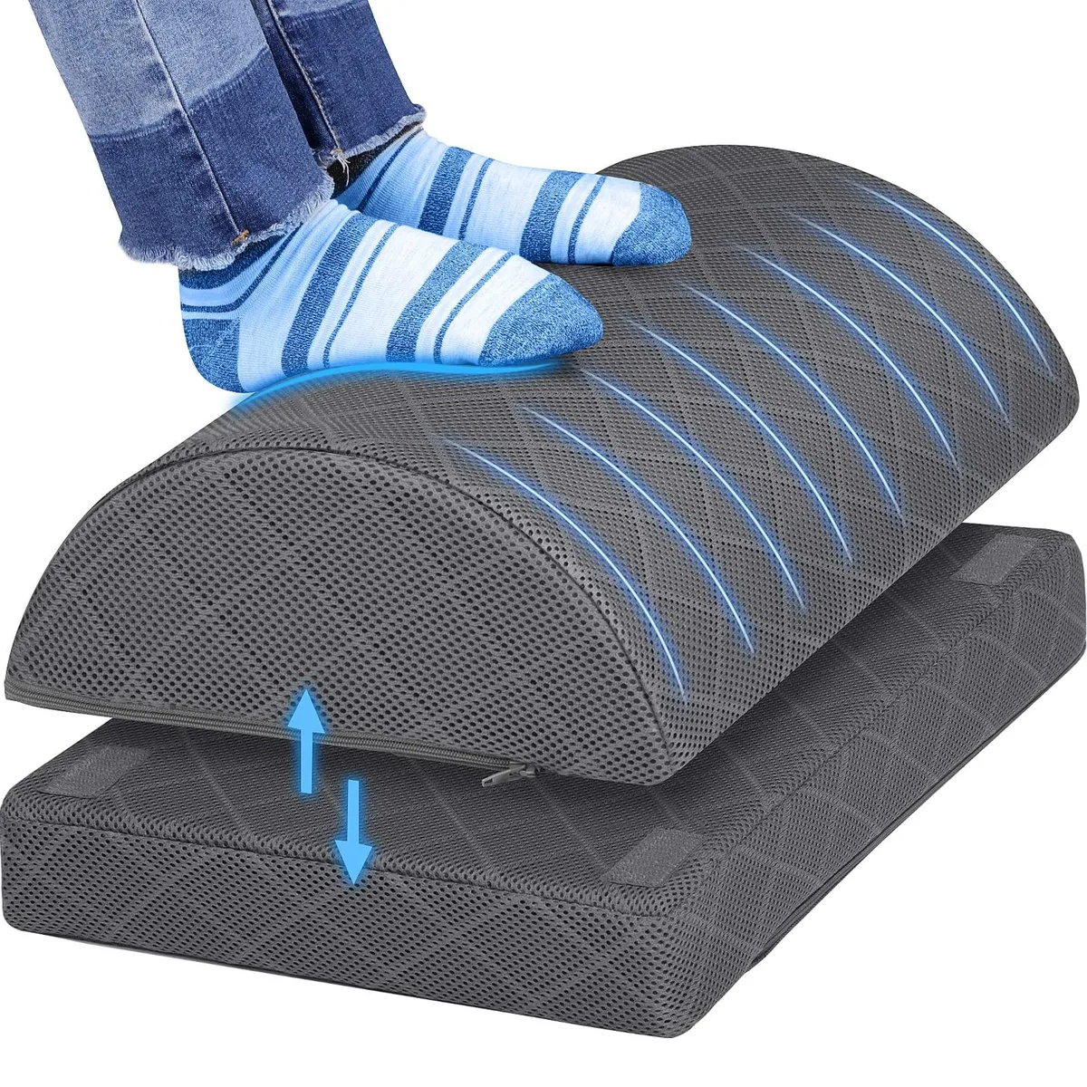 Grey fabric foot rest with removable cover, two adjustable foam layers, non-slip base, 16.2 by 9.9 by 5.7 inches