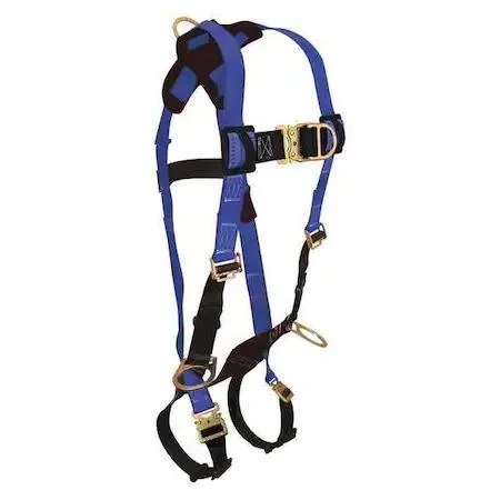 Black and blue full-body safety harness, vest style, padded shoulders and legs, steel D-rings on back chest hips