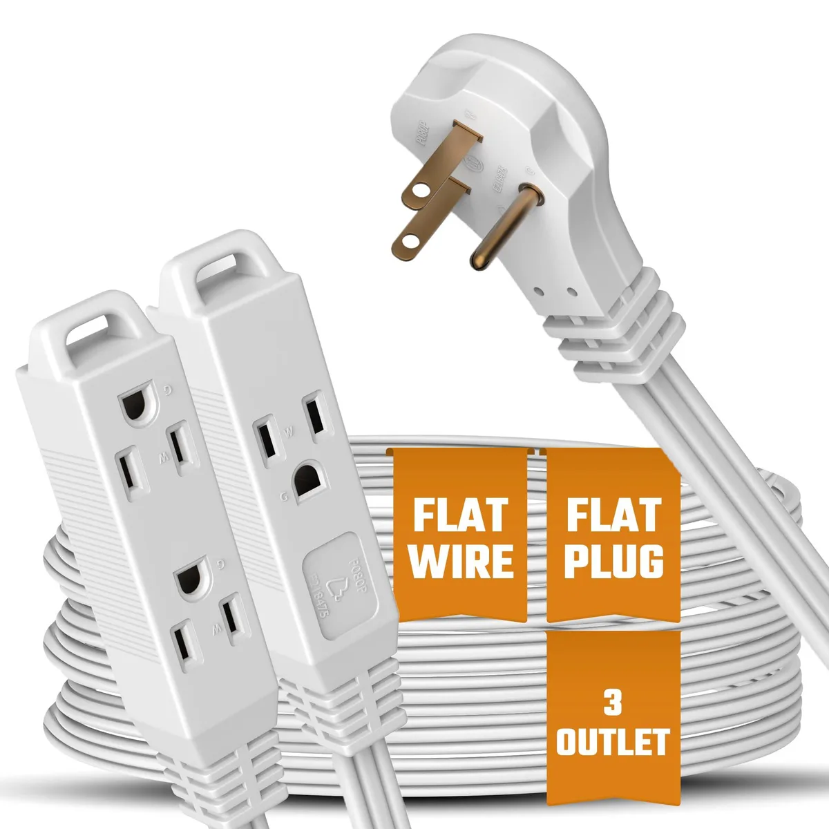 White flat three-outlet extension cord with angled plug lying flat