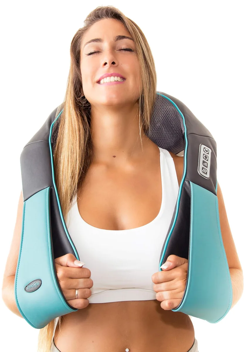 Blue U-shaped neck massager with fabric cover and integrated handles