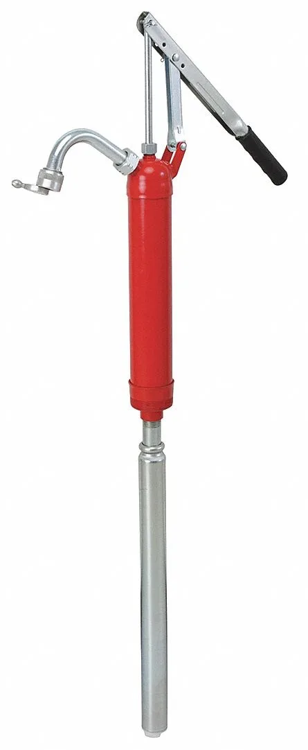 Silver metal hand pump with long lever and curved spout