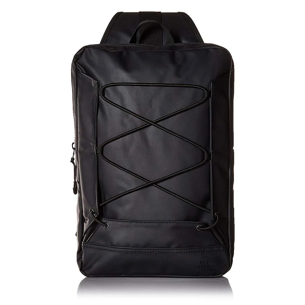 Black waterproof polyester sling backpack with elastic rope accents and adjustable shoulder strap