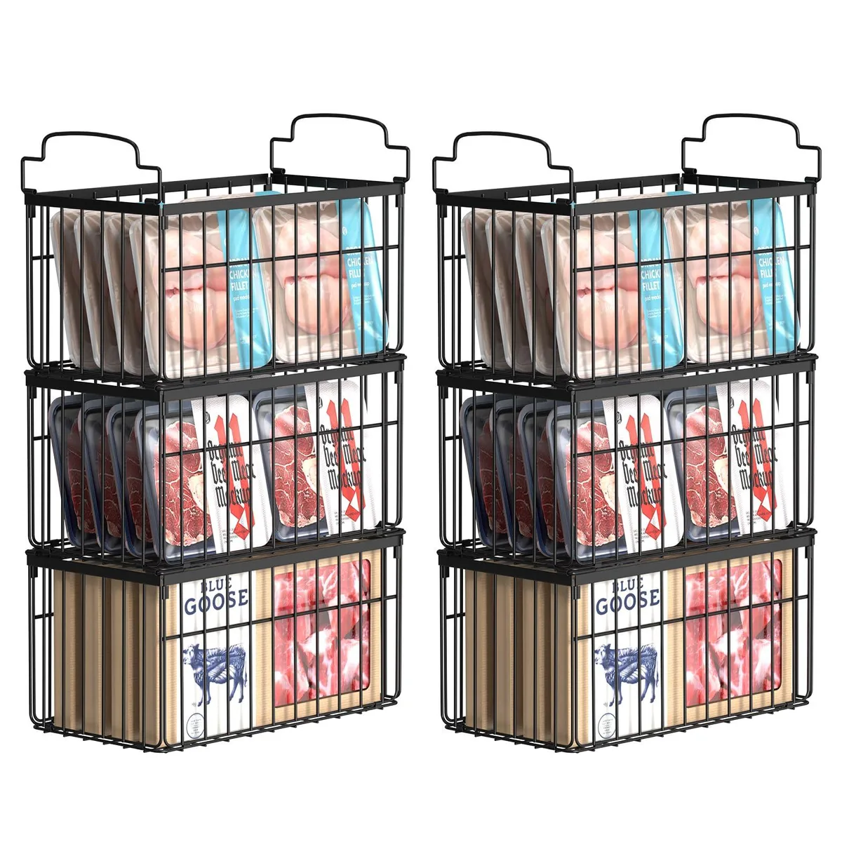 Six red silicone freezer bins with handles, stackable and foldable