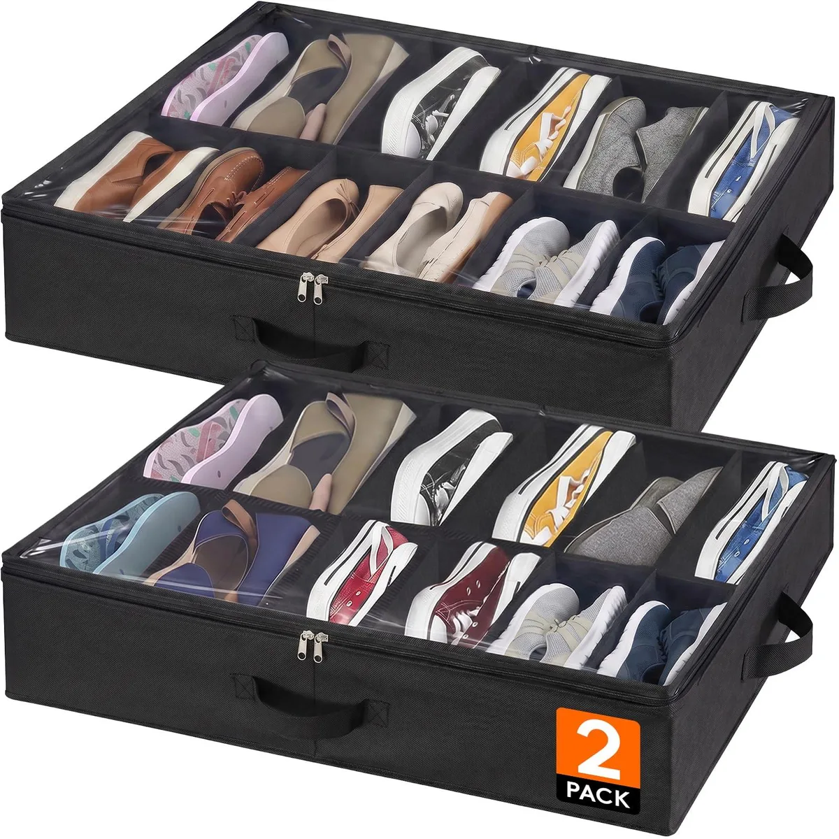 Two beige fabric shoe boxes with clear lids and side handles