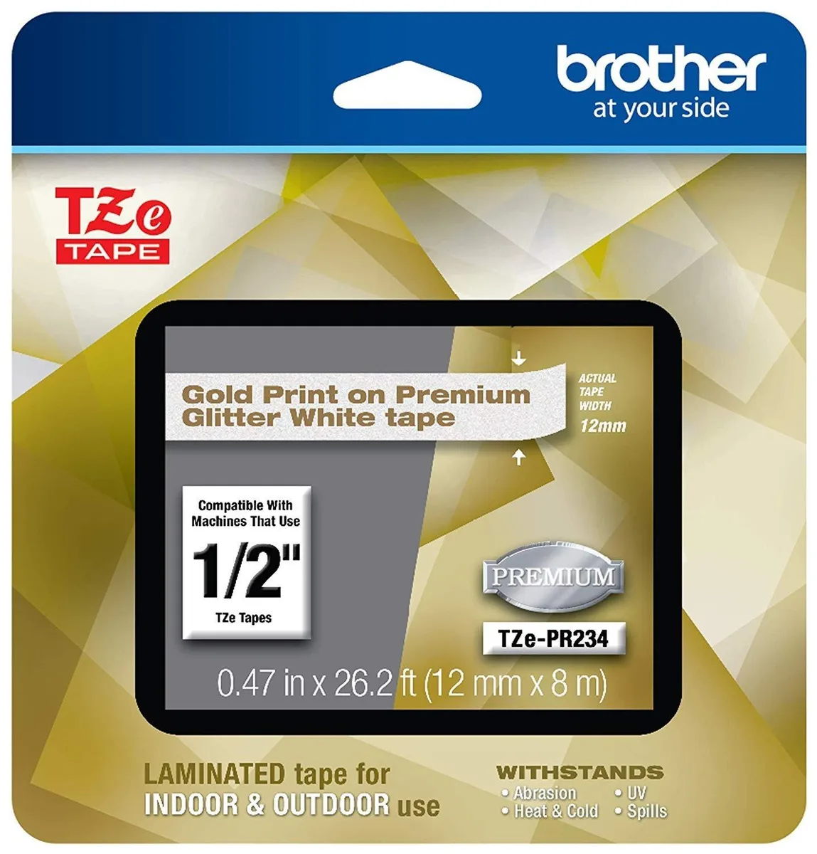 Brother Brother TZePR234 Gold on Premium Glitter White Laminated Tape 12 mm x 8 m pos accessory — product photo