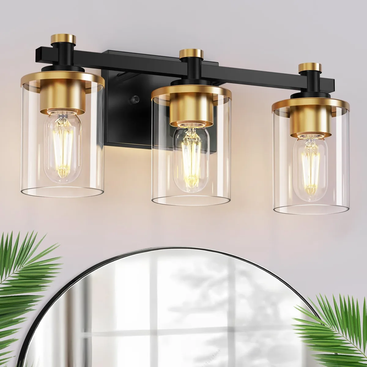  LED 3 Light Bathroom Vanity Light Black Gold Clear Glass Shade ETL — product photo