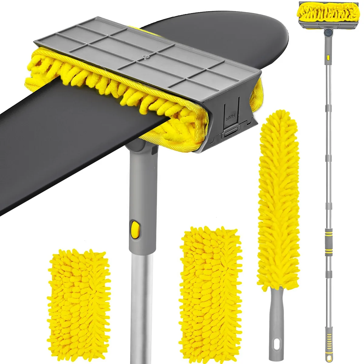 Yellow extendable aluminum pole with four-sided fan blade duster head and detachable chenille mop attachment