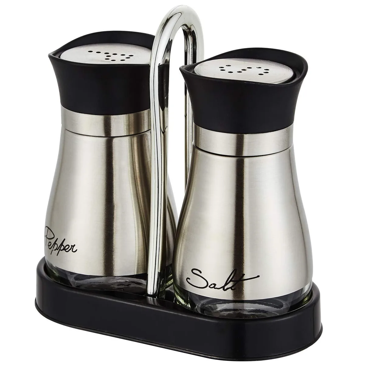 Two black stainless steel salt and pepper shakers with glass bottles in a holder