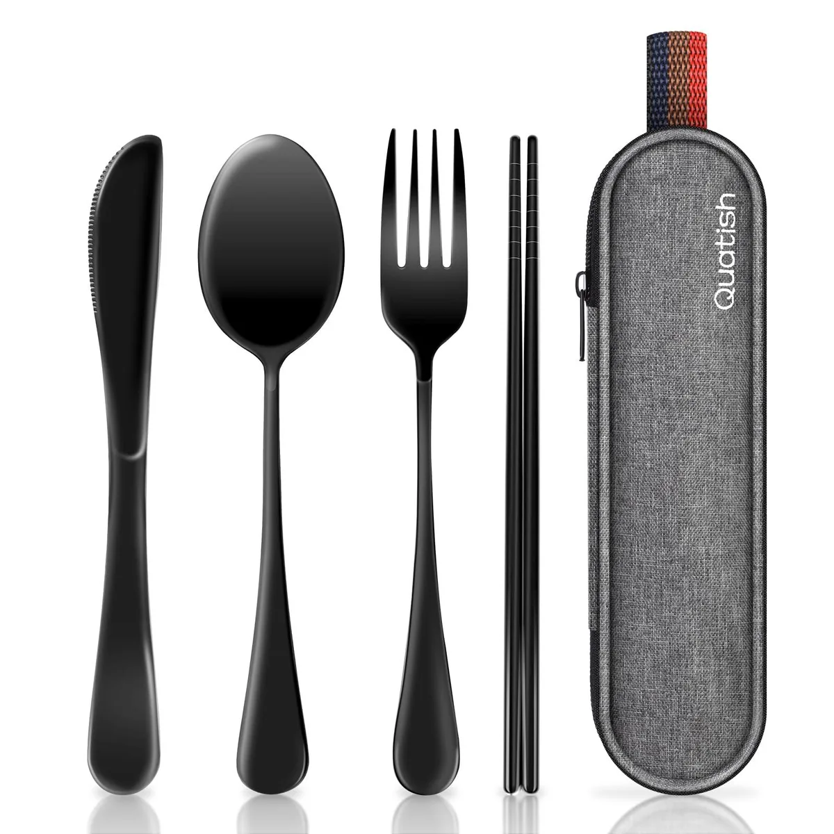 Black stainless steel travel cutlery set with fork spoon knife chopsticks and compact case